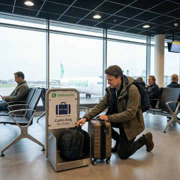 A traveler checks a small carry-on bag next to a cabin-sized suitcase at the gate of a modern European airport, ready to avoid extra fees.