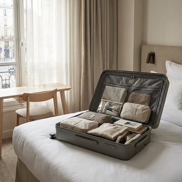 A medium-sized, lightweight hard-shell suitcase lies open on a hotel bed, filled with neatly packed clothes and travel accessories, ready for a flight to Europe.