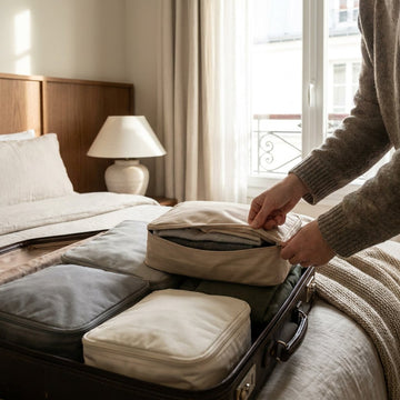 Open koffer op een bed met nette stapels kleding in compressie packing cubes, terwijl een reiziger een extra rits sluit in zacht daglicht.