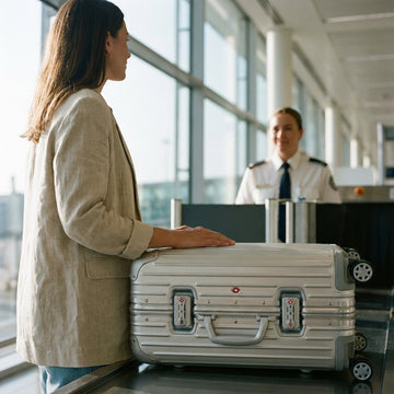 Reiziger staat bij de bagagecontrole op een Europese luchthaven met een moderne harde koffer en zichtbaar TSA-slot in helder ochtendlicht.