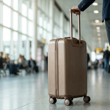 A modern, hard-shell, lightweight suitcase with four wheels sits in a quiet airport terminal, ready for departure in the soft daylight.