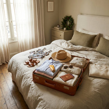 Open koffer op bed met zomerkleding, zonnebrand, paspoort en packing cubes, terwijl buiten winterlicht binnenvalt in een stijlvolle hotelkamer.