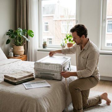 Reiziger meet in een lichte slaapkamer een harde koffer op met meetlint, terwijl verschillende kofferhoezen en een maattabel klaar liggen.