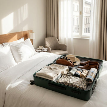 Grote harde koffer open op een hotelbed met netjes ingepakte kleding, schoenen en toiletspullen, klaar voor een vakantie van twee weken.