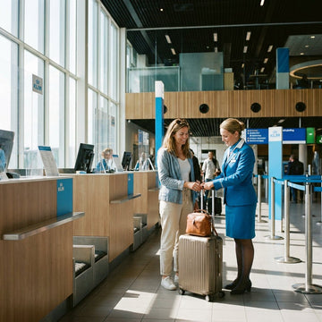 A traveler checks a compact carry-on suitcase and a small bag at the departure hall, with airport counters and soft daylight in the background.