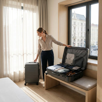 Ein extra großer Hartschalenkoffer steht offen in einem hellen europäischen Hotelzimmer, gefüllt mit Kleidung und Reiseutensilien, die ordentlich für einen langen Urlaub verstaut sind.