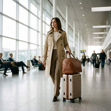 Reiziger loopt door een moderne Europese luchthaven met een handbagage tas voor op trolley, stevig bevestigd aan een compacte cabinekoffer.