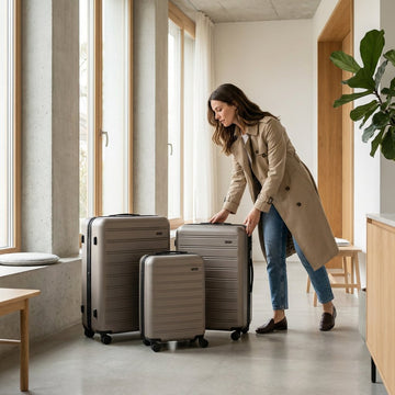 Three modern hard-shell suitcases in different sizes are sitting in a bright European hallway, ready for a weekend trip or a longer vacation.