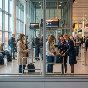 En resenär står vid gaten med en liten handväska bredvid en easyJet-incheckningszon, medan kontrollen av handbagage pågår på en europeisk flygplats.