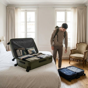 Open grote harde koffer op een bed in een lichte Europese hotelkamer, met netjes ingepakte kleding en reisaccessoires voor een lange reis.