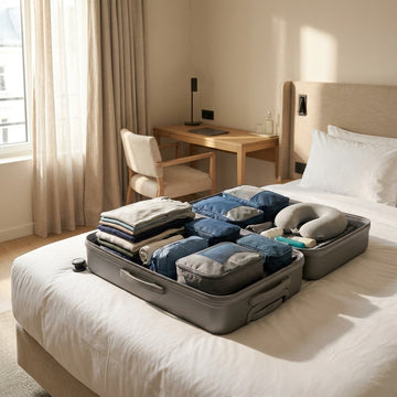 A large hard suitcase of approximately 75 cm lies open on a bed with neatly packed clothes and accessories in a bright, modern hotel room.