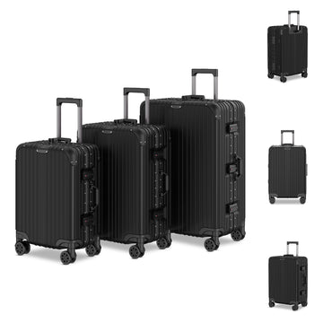 Voyagoux® AEON - 3-Piece Aluminum Suitcase Set - Black | S / M / L