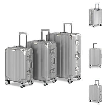 Voyagoux® AEON - 3-delige Aluminium Reiskoffer Set - Zilver | S / M / L