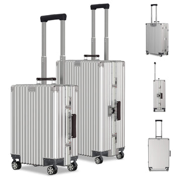 Voyagoux® ICON – 2-teiliges Premium-Reisekoffer-Set aus Aluminium – Silber | S/L