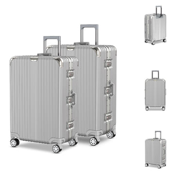 Voyagoux® AEON - 2 - delige Aluminium Reiskoffer Set - Zilver | M / L - Voyagoux