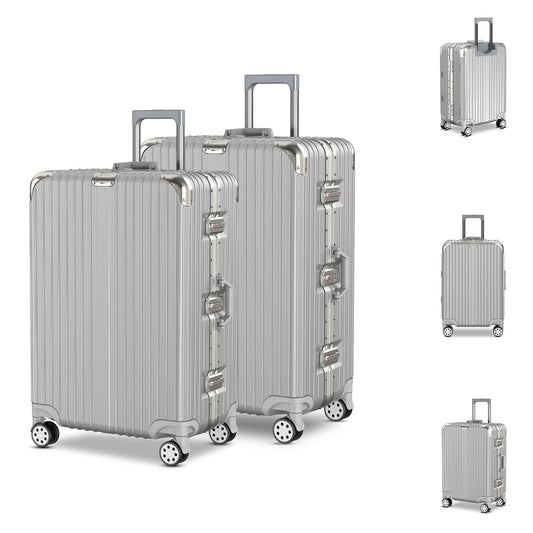 Voyagoux® AEON - 2-delige Aluminium Reiskoffer Set - Zilver | M / L