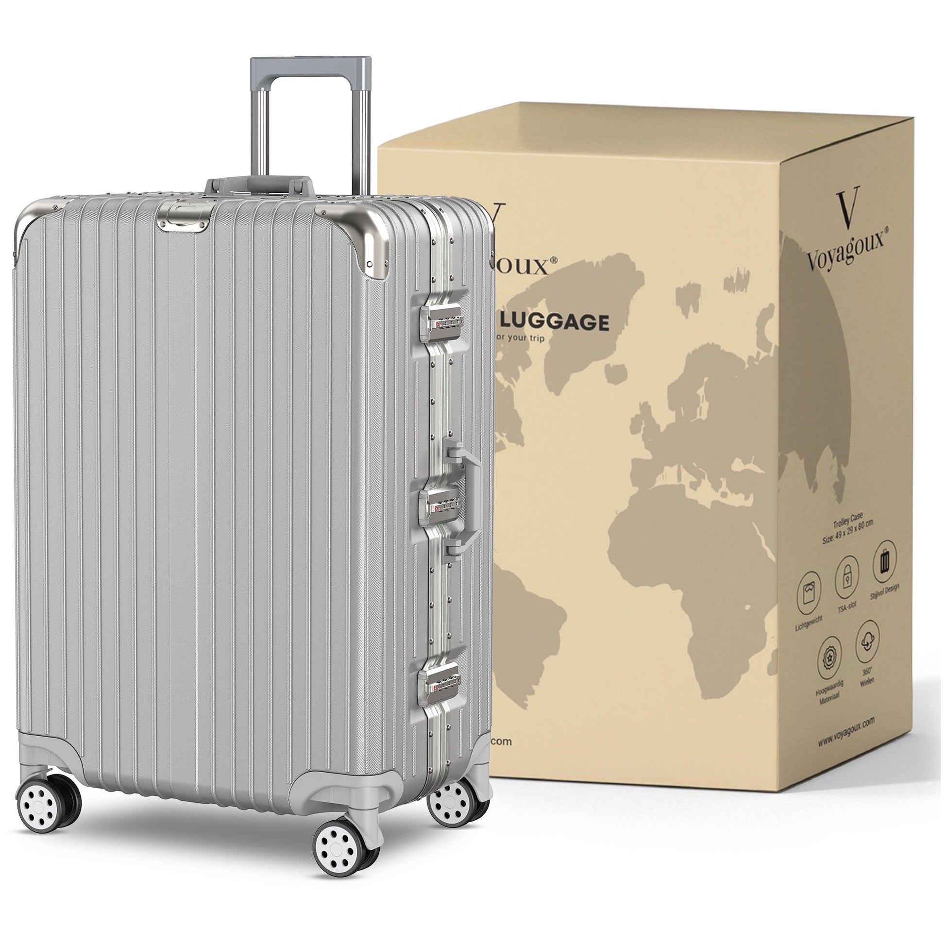 Voyagoux® AEON - 2 - delige Aluminium Reiskoffer Set - Zilver | M / L - Voyagoux