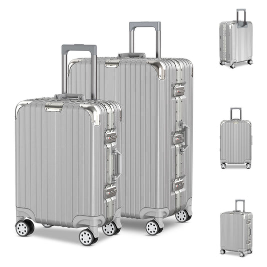 Voyagoux® AEON - 2-delige Aluminium Reiskoffer Set - Zilver | S / L