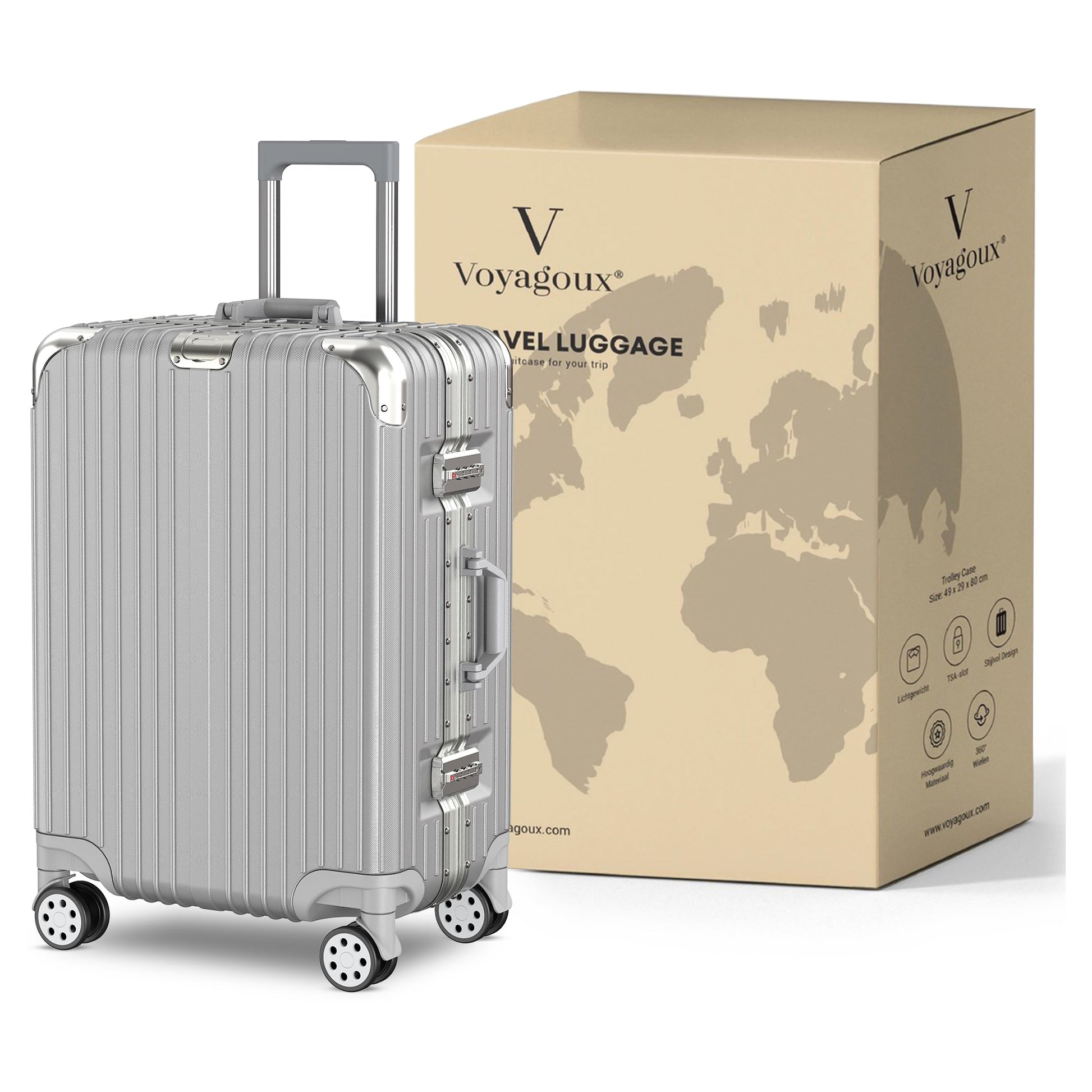 Voyagoux® AEON - 2 - delige Aluminium Reiskoffer Set - Zilver | S / M - Voyagoux