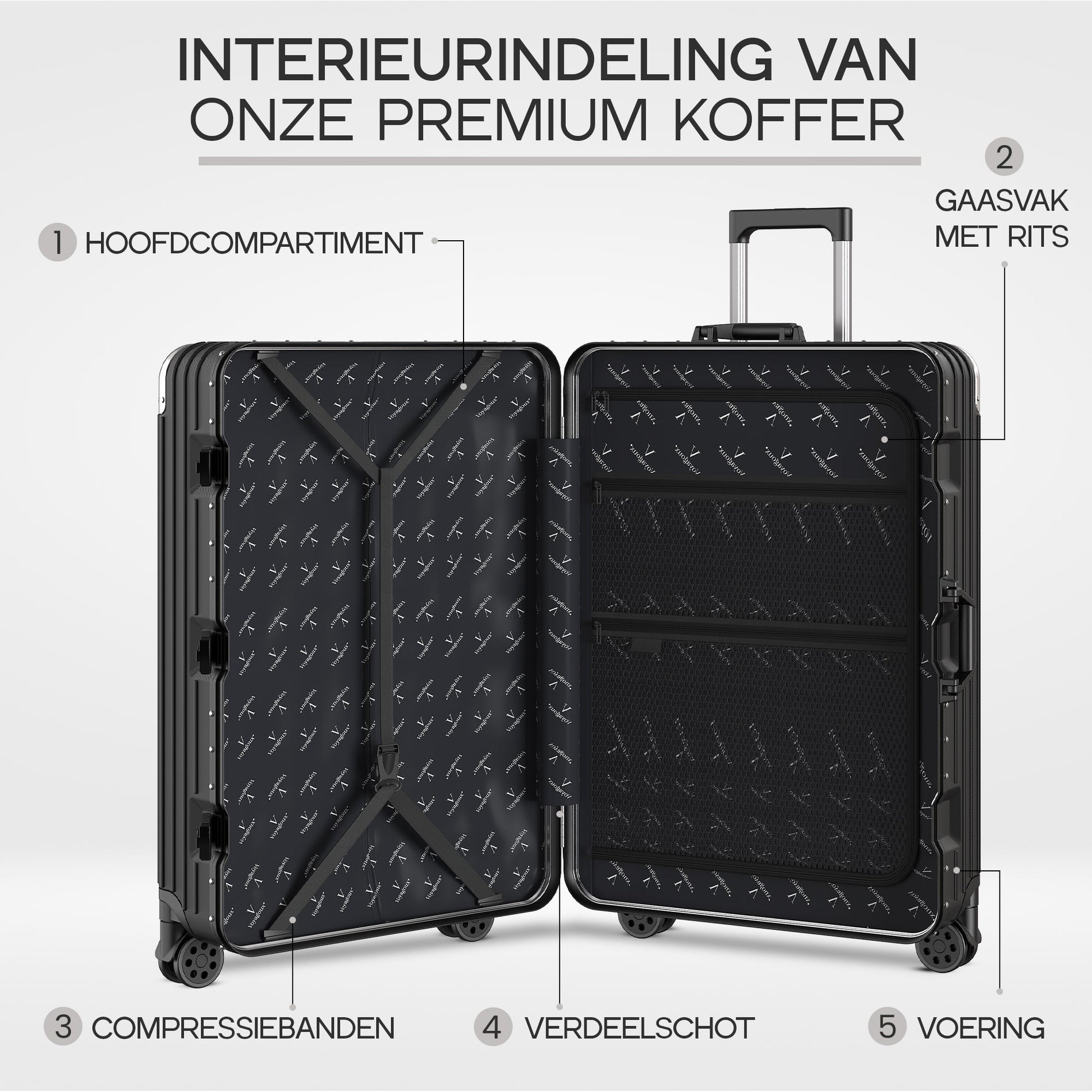 Voyagoux® AEON - 2 - delige Aluminium Reiskoffer Set - Zwart | M / L - Voyagoux