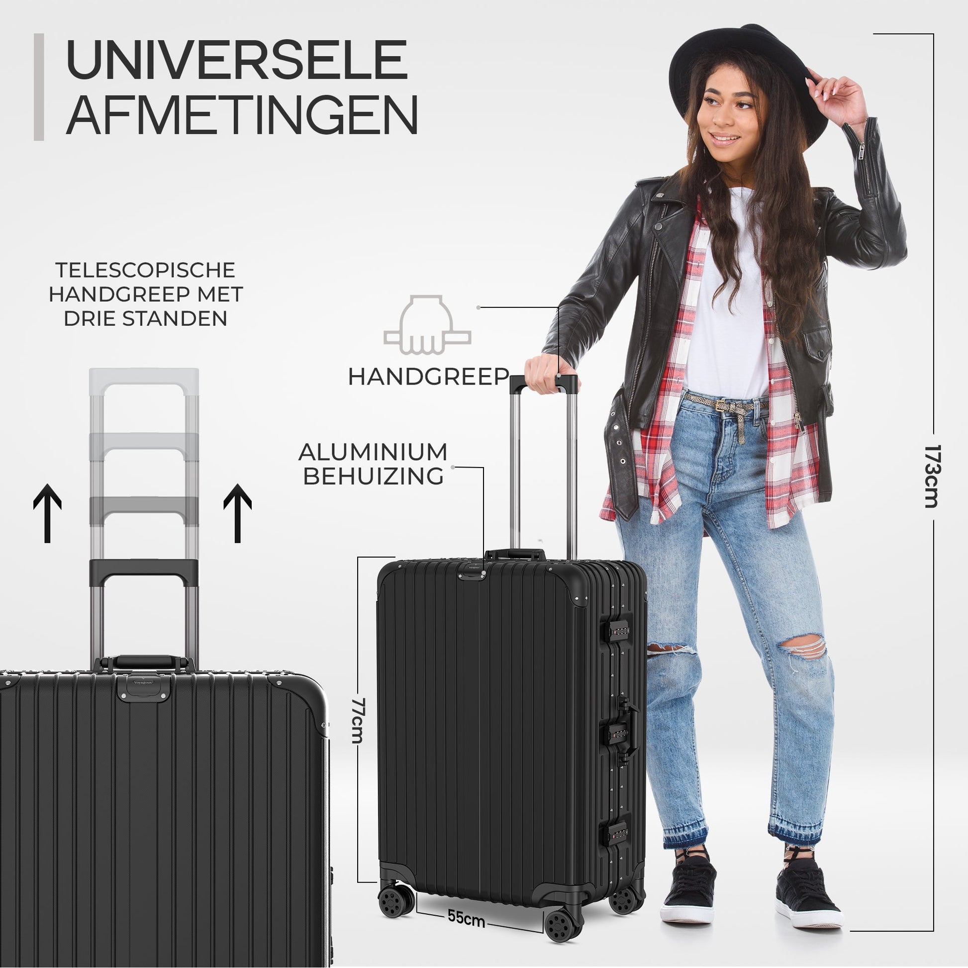 Voyagoux® AEON - 2 - delige Aluminium Reiskoffer Set - Zwart | M / L - Voyagoux