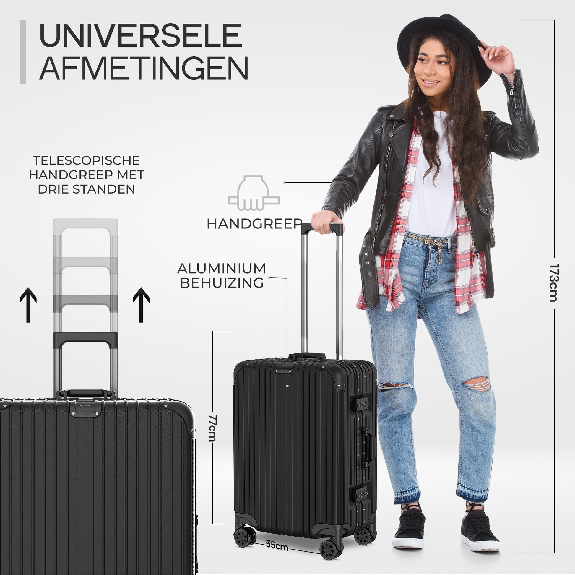 Voyagoux® AEON - 2 - delige Aluminium Reiskoffer Set - Zwart | S / M - Voyagoux