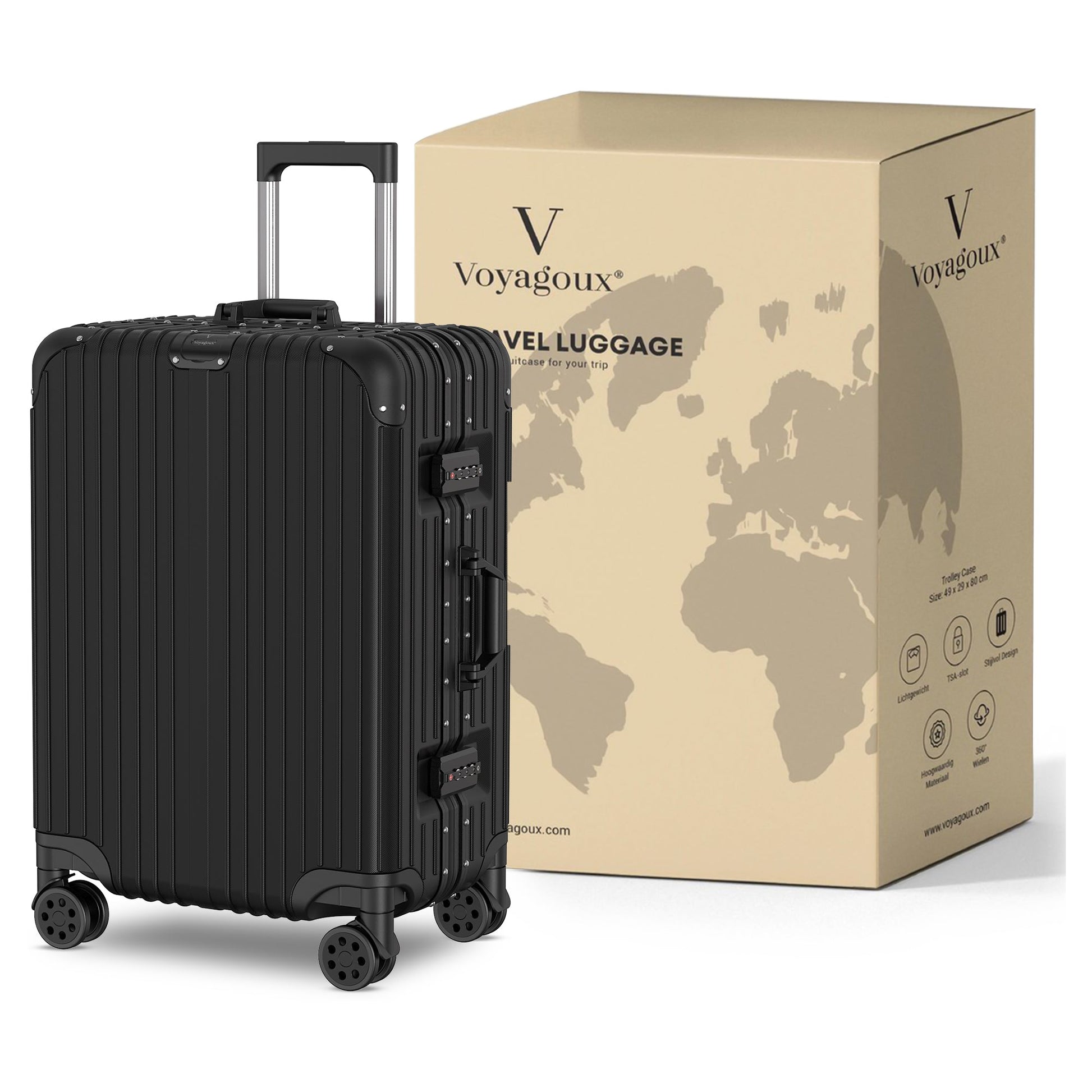 Voyagoux® AEON - 2 - delige Aluminium Reiskoffer Set - Zwart | S / M - Voyagoux