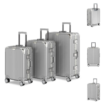 Voyagoux® AEON - 3 - delige Aluminium Reiskoffer Set - Zilver | S / M / L - Voyagoux