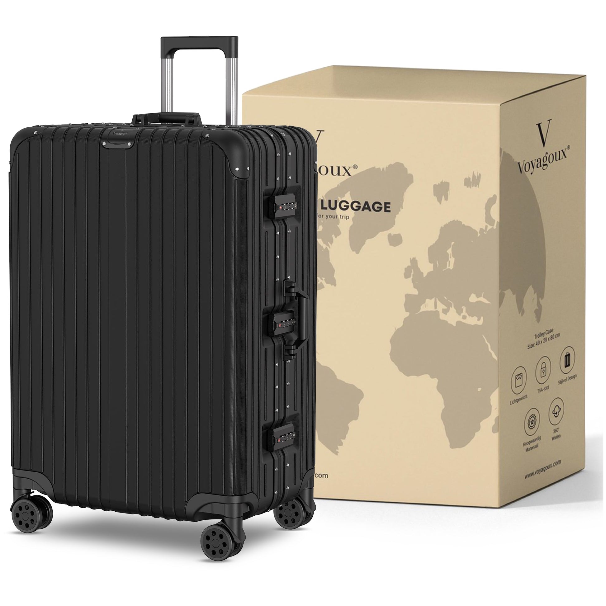 Voyagoux® AEON - 3 - delige Aluminium Reiskoffer Set - Zwart | S / M / L - Voyagoux