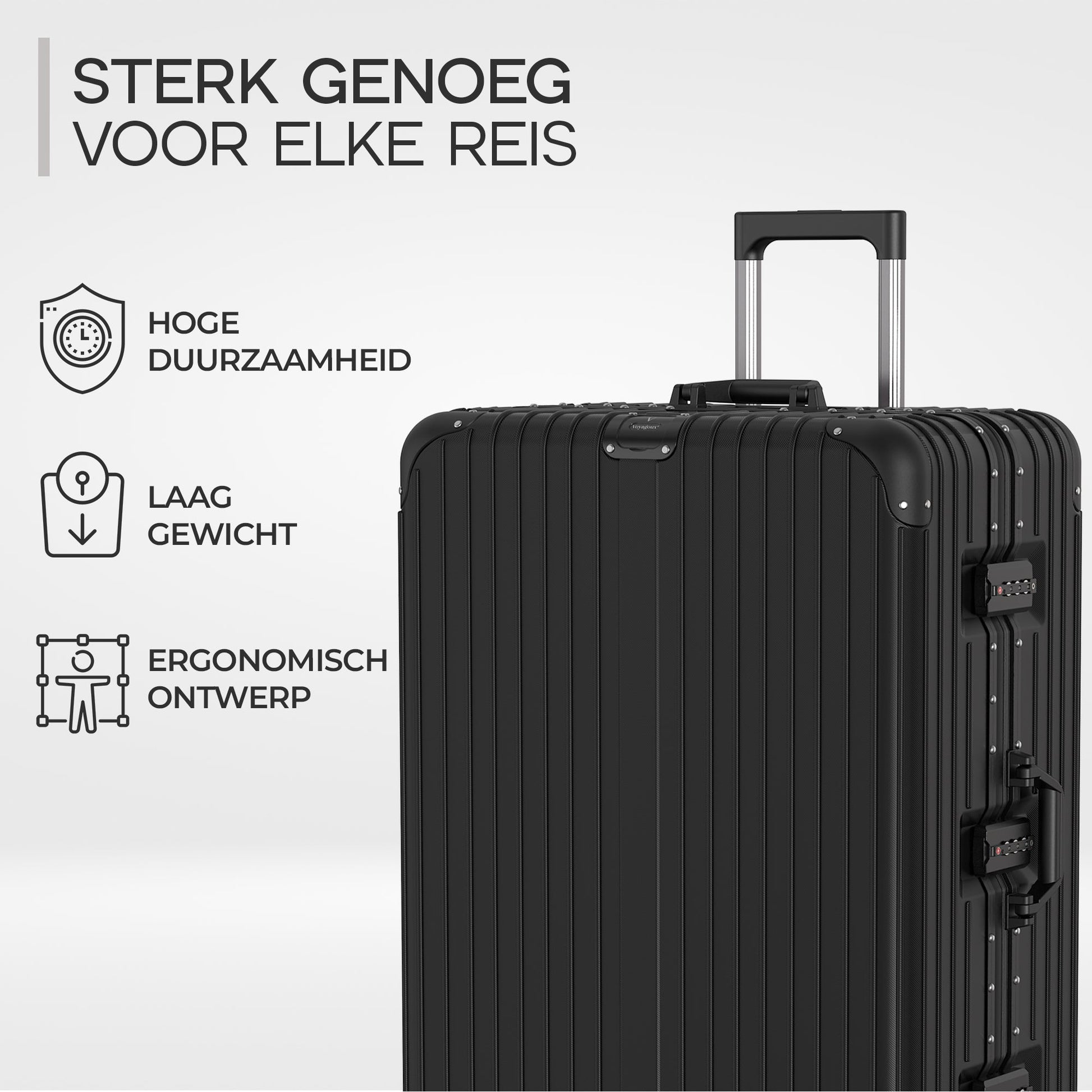 Voyagoux® AEON - 3 - delige Aluminium Reiskoffer Set - Zwart | S / M / L - Voyagoux