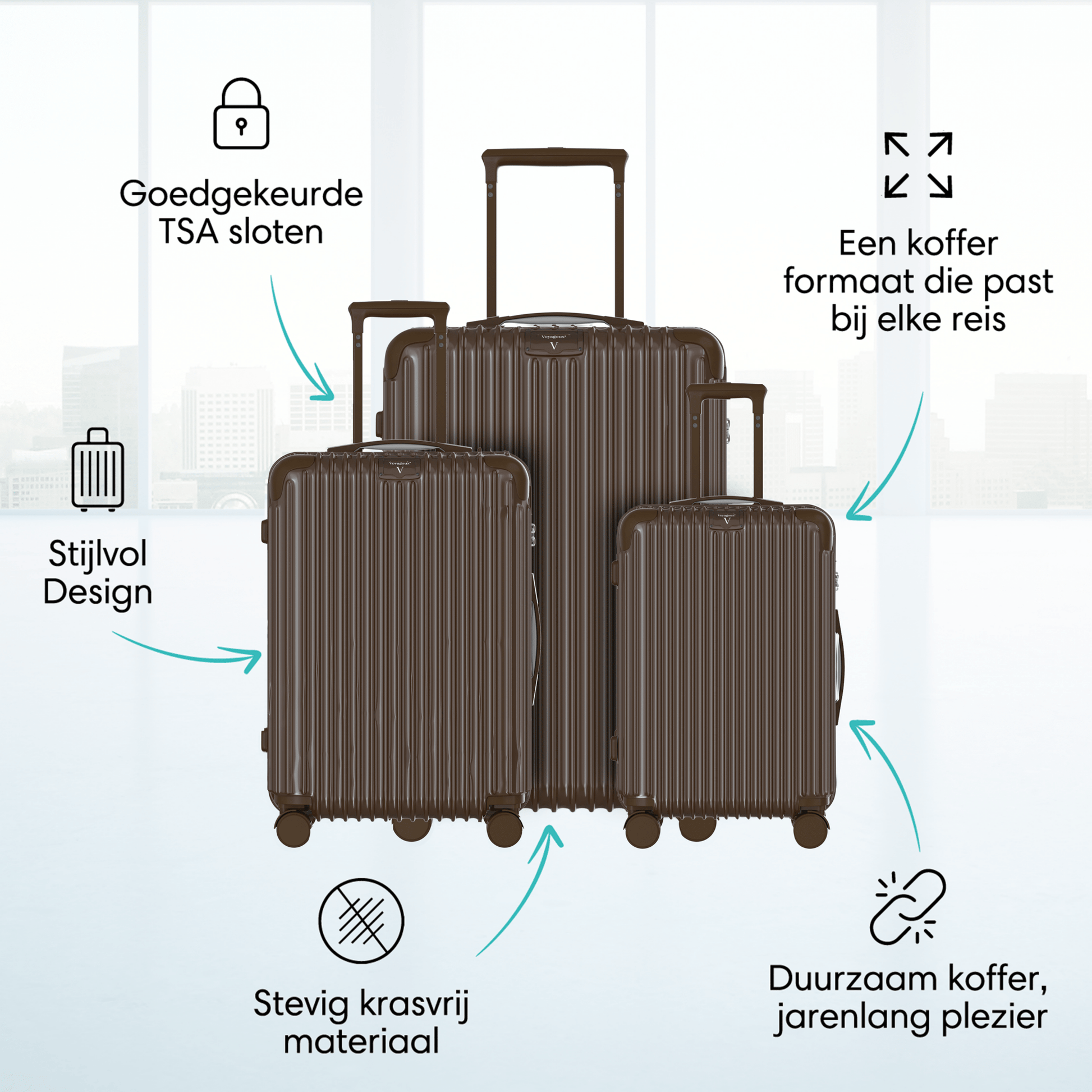 Voyagoux® ESSENTIALS - 2 - delige Stijlvolle Reiskoffer Set - Donkerbruin | M / L - Voyagoux