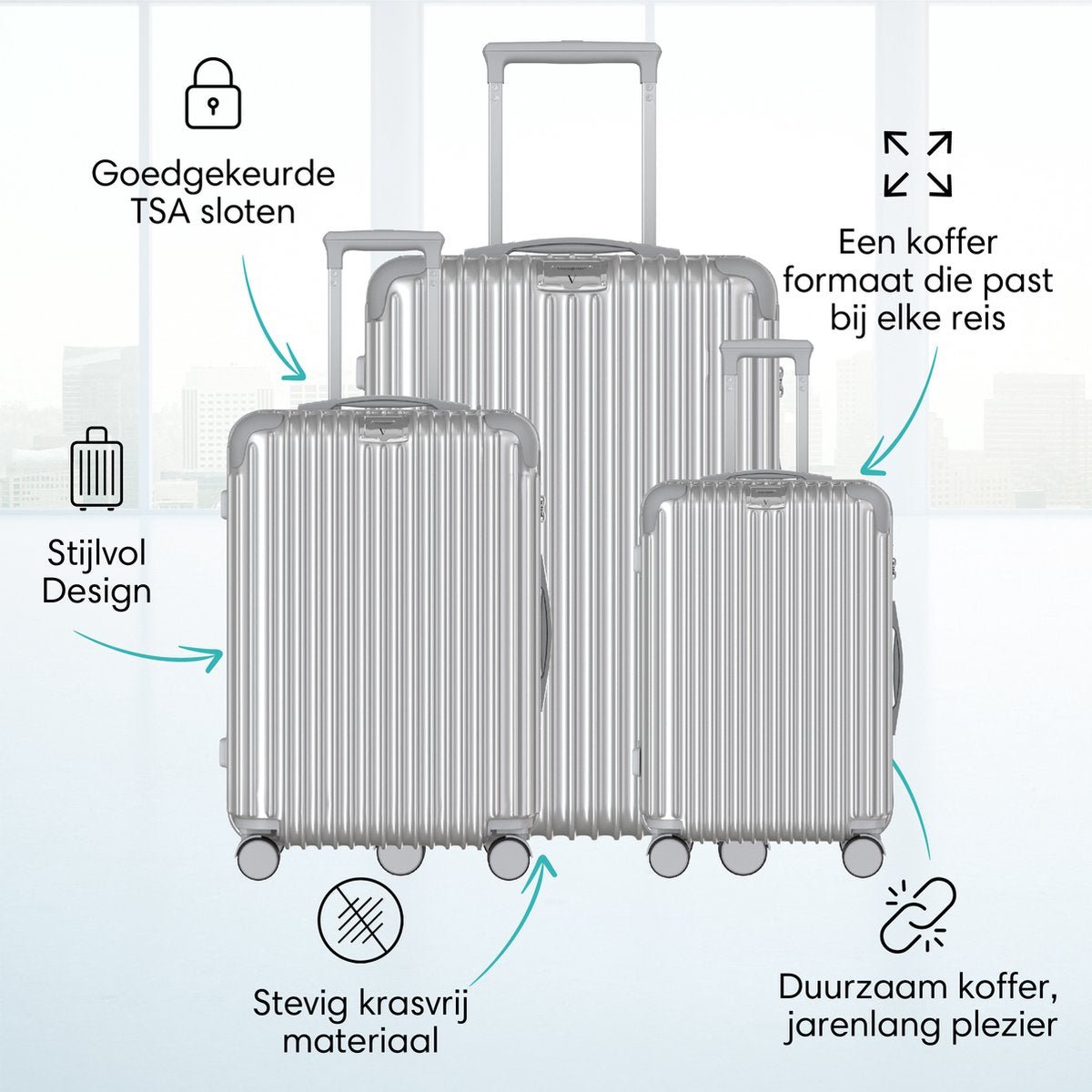 Voyagoux® ESSENTIALS - 2 - delige Stijlvolle Reiskoffer Set - Zilver | M / L - Voyagoux