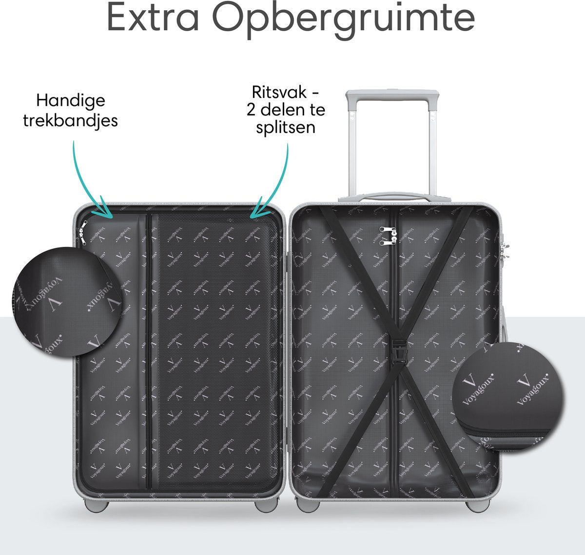 Voyagoux® ESSENTIALS - 2 - delige Stijlvolle Reiskoffer Set - Zilver | M / L - Voyagoux