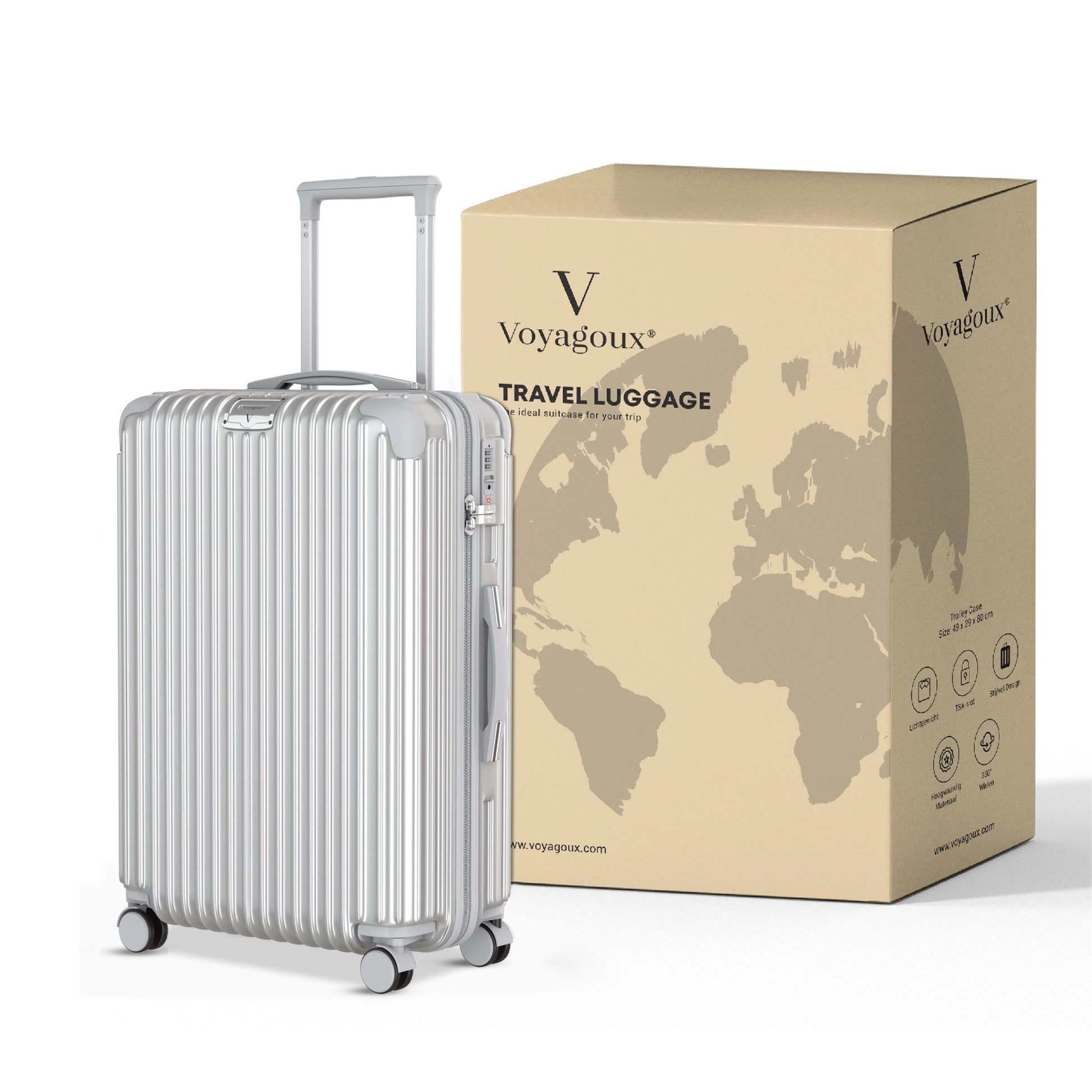 Voyagoux® ESSENTIALS - Handbagage - Stijlvolle Reiskoffer - Zilver | 40L, Small (S) - Voyagoux