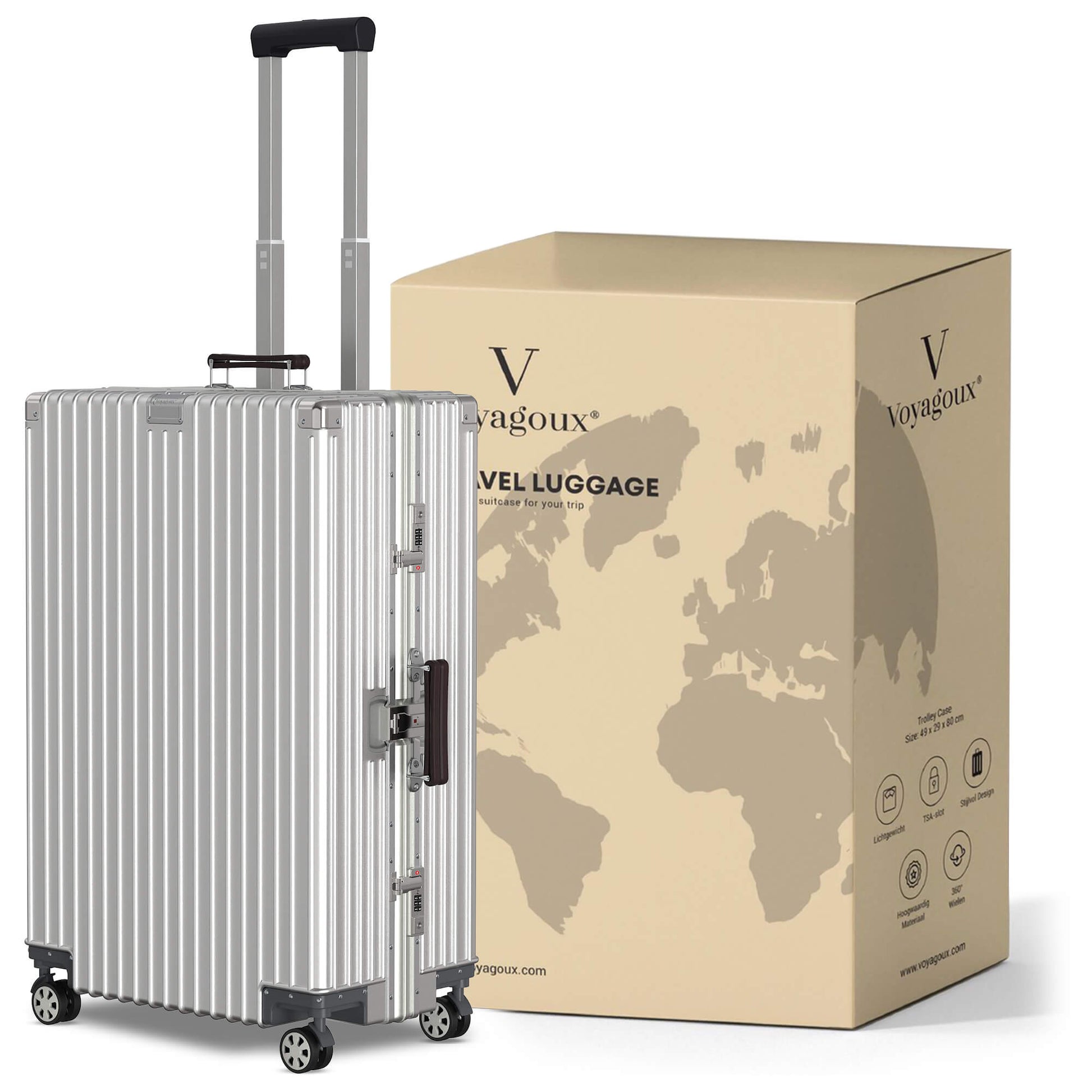 Voyagoux® ICON - 2 - delige Premium Aluminium Reiskoffer Set - Zilver | S / L - Voyagoux