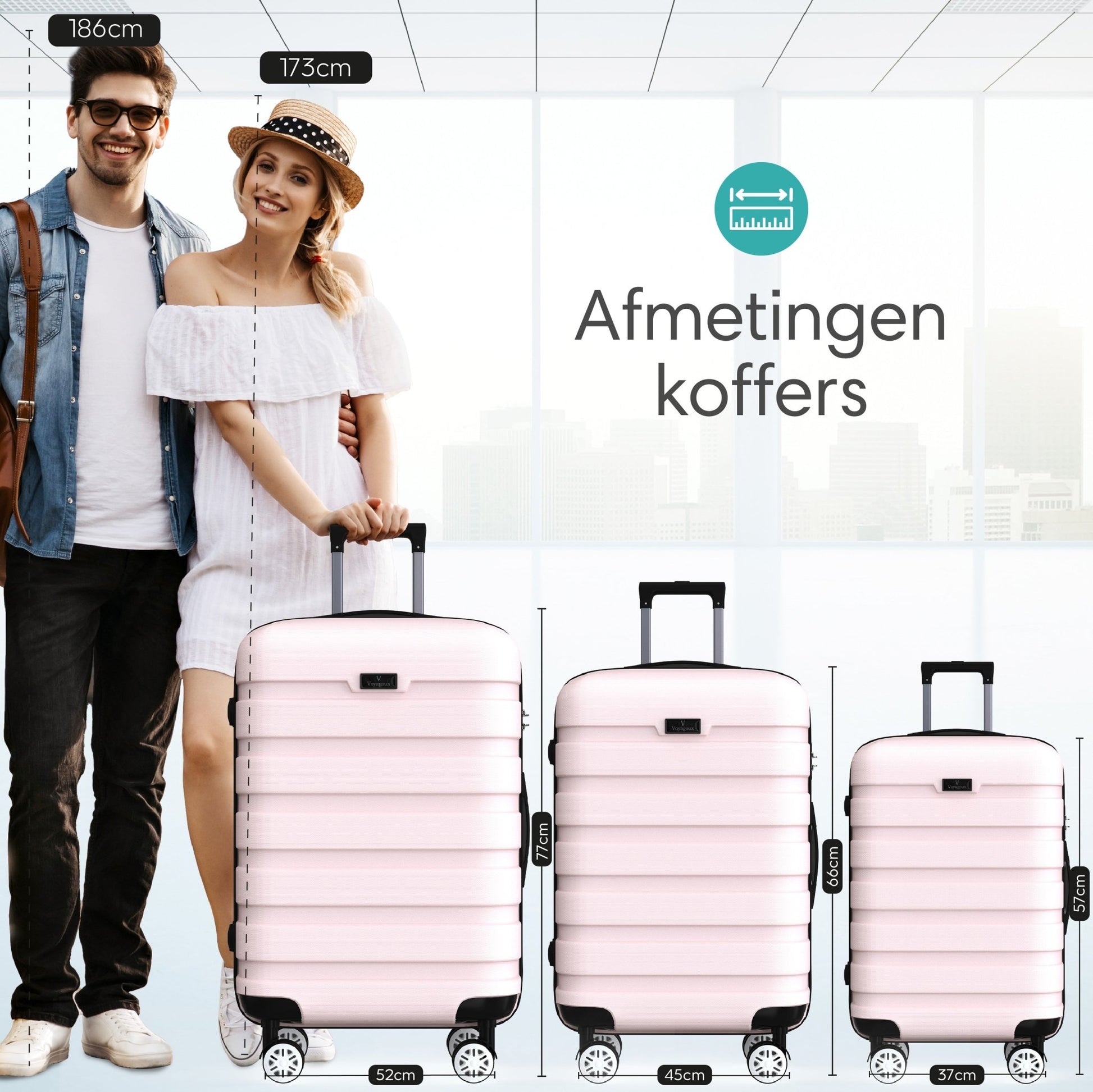 Voyagoux® REVELATION - Reiskoffer set - Koffers - 3 stuks - Reiskoffer met wielen - Lichtroze - TSA Slot - Voyagoux