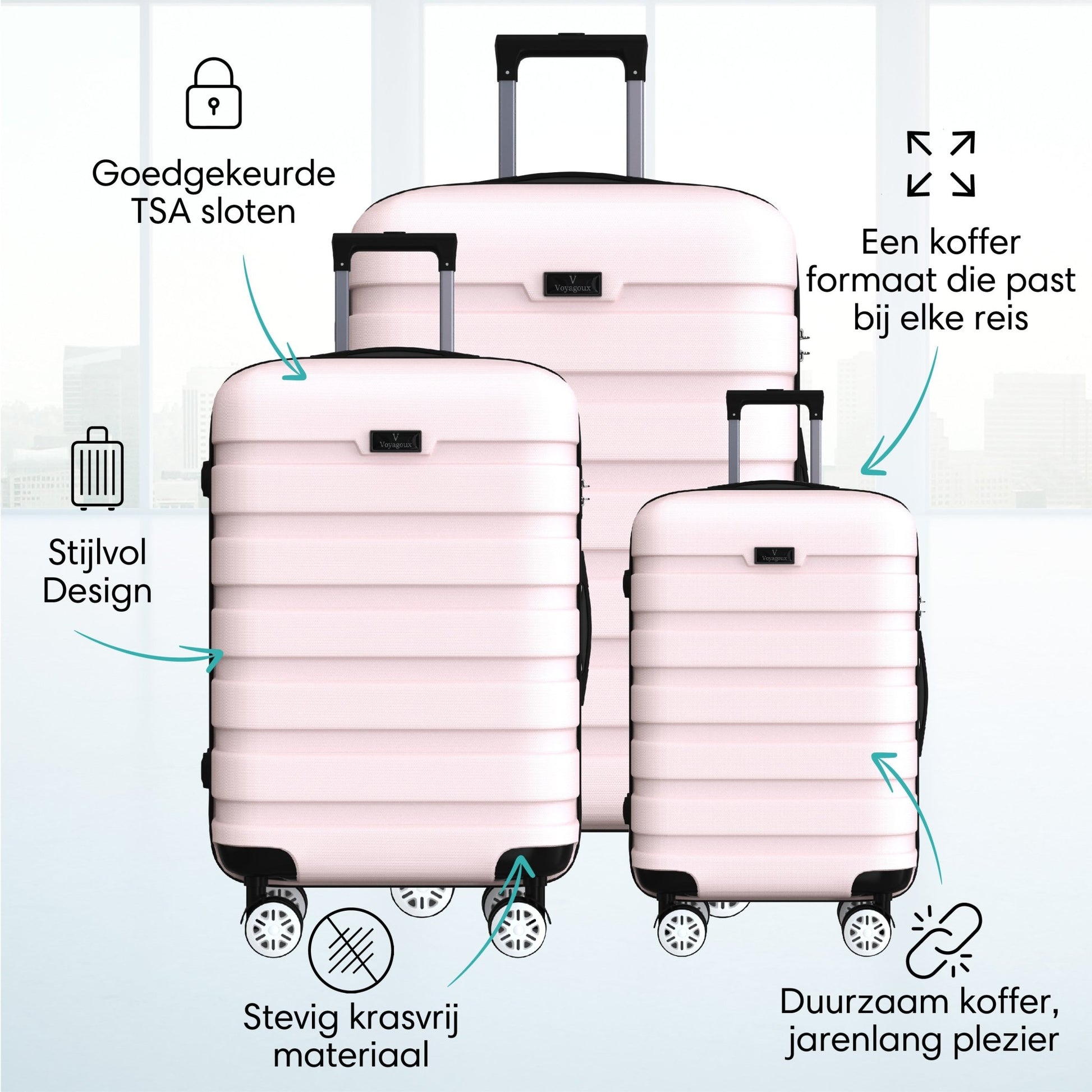 Voyagoux® REVELATION - Reiskoffer set - Koffers - 3 stuks - Reiskoffer met wielen - Lichtroze - TSA Slot - Voyagoux